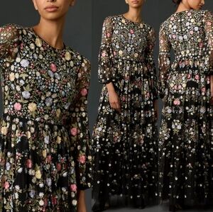 NWT Mac Duggal 35161 Floral Embroidered Blouson Sleeve Gown Black Size 16